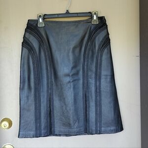 Vintage Nine West Black Leather Pencil Skirt with‎ Lace Seams Insets